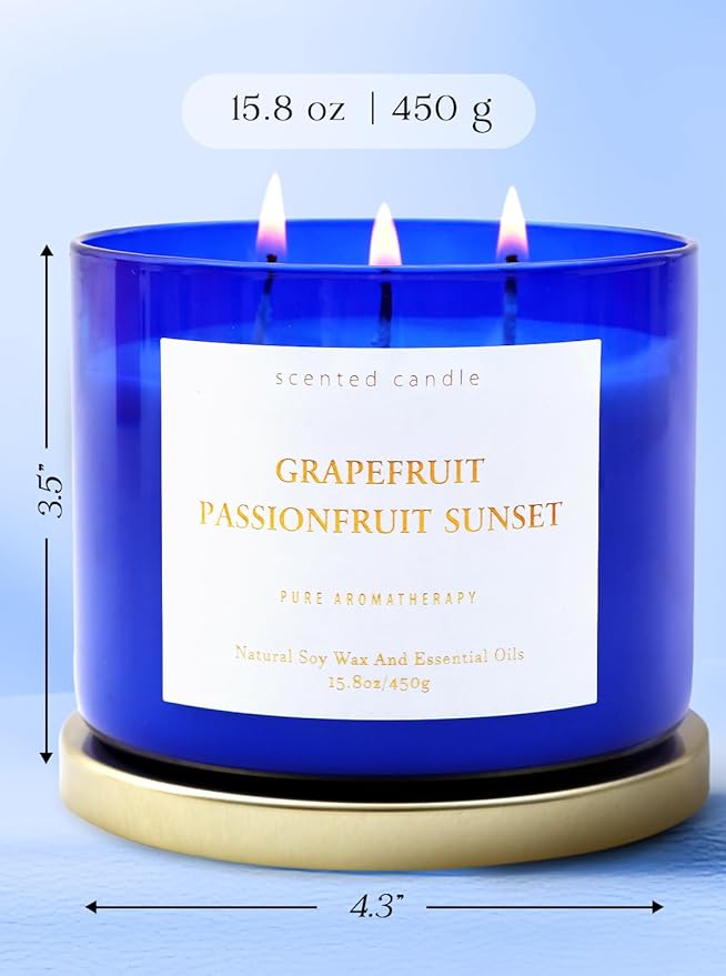 Grapefruit Passionfruit Sunset 3-Wick Scented Soy Candle, 15.8 oz | Large Tropical Citrus Candle for Home | Strong Aromatherapy Stress Relief Candles | Gift for Women & Men | Long-Lasting Clean Burn