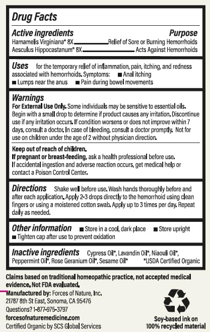 Forces of Nature Hemorrhoid Treatment, Extra Strength 0.37 Fl Oz, Organic Homeopathic Medicine & Essential Oils, Hemorrhoid Relief for Pain, Itching, Swelling, Soreness & Discomfort