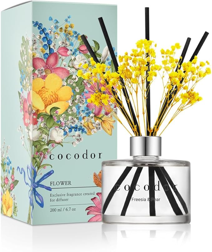 COCODOR Preserved Flower Reed Diffuser/Freesia&Pear/6.7oz/1Pack / Home Fragrance Scent Essential Oil Stick Diffuser for Bedroom Bathroom Home Decor