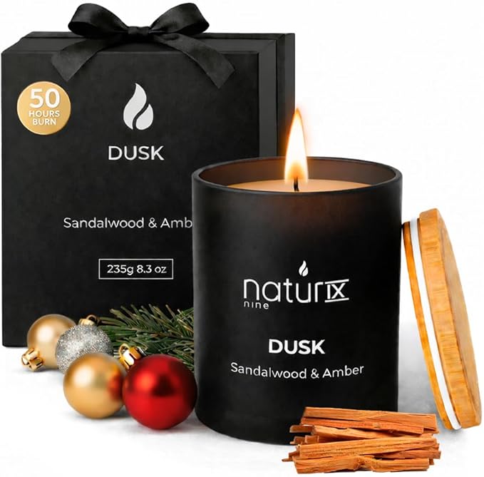 Natur IX Dusk Scented Candles for Home | Sandalwood & Amber | Natural Non Toxic Soy Candles with Essential Oils | 50 H Long Burning