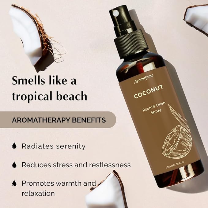 Coconut Room, Linen & Pillow Spray by Aromafume | 100ml/3.38 fl oz | with Pure Coconut Essential Oil | Aromatherapy Spray for Relaxation, Sleep & Stress Relief | Mist for Bedding, Fabrics