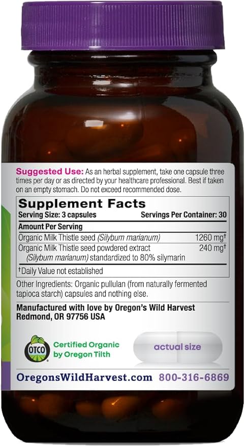 Oregon's Wild Harvest Certified Organic Milk Thistle USDA Certified Organic Herbal Supplement, 90 Count