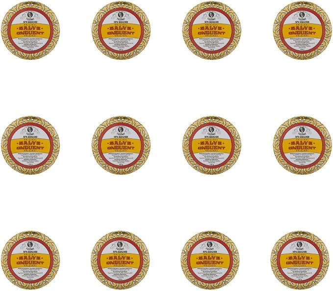 Rawleigh Antiseptic Salve Iconic Yellow Big Tin: 4.5 oz, Multi-Purpose Ointment Soothes Cuts, Bruises, Irritations, with Turpentine, Phenol, Cottonseed Oil & Paraffin, Original Formula - Pack of 12