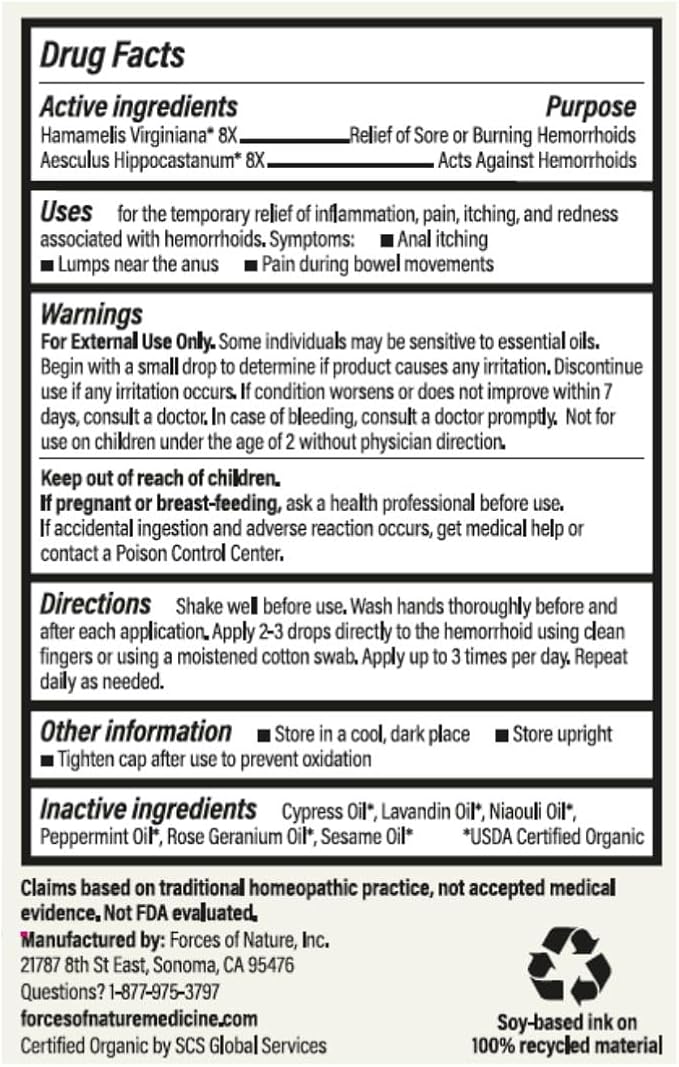 Forces of Nature Hemorrhoid Control Extra Strength, Organic Homeopathic Medicine with Witch Hazel, Horse Chestnut, and Soothing Essential Oils for Itching, Swelling & Discomfort, 5ml (0.17 fl oz)