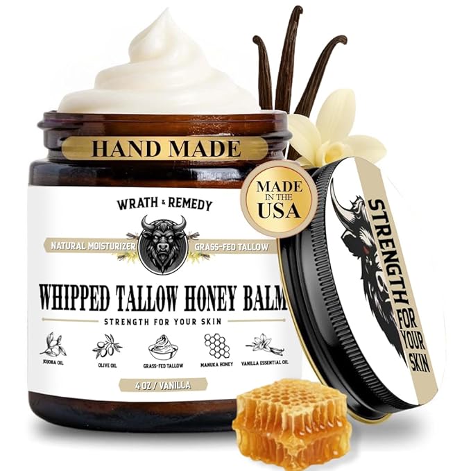Organic Beef Tallow for Skin - 4 OZ (Vanilla) — Grass Fed Beef Tallow for face + Body — US-Made Whipped Tallow and Honey Balm Moisturizer for Dry and Sensitive Skin, Eczema, Rosacea (No Additives)