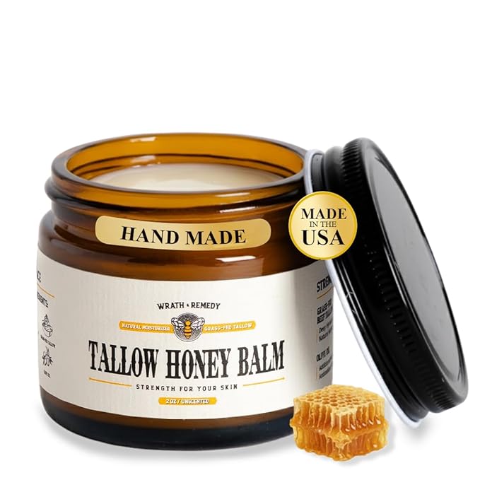 Organic Beef Tallow for Skin - 2OZ (Unscented, Concentrated) — Grass Fed Beef Tallow for face + Body — US-Made Tallow and Honey Balm Moisturizer for Dry & Sensitive Skin, Eczema, Rosacea(No Additives)