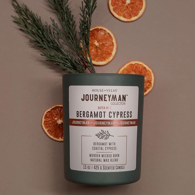 Journeyman Collection Candle, 15oz, Wooden Wick, Bergamot Cypress, Large Painted Jar