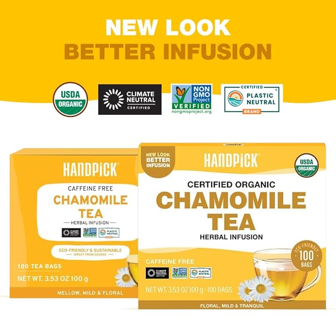 HANDPICK, Organic Chamomile Tea Bags (100 Herbal Tea Bags) Caffeine Free| Premium Floral Chamomile Herbal Tea in Eco-Conscious Teabags | Direct from Source