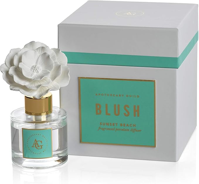 Zodax Apothecary Guild Blush Porcelain Oil Diffuser - Home Fragrance Diffuser Ideal for Living Room, Bathroom, Office - Makes a Great Gift - Porcelain Flower Design - Sunset Beach - 1.69 Oz.