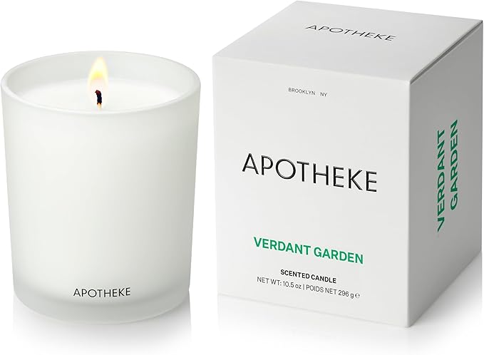 Apotheke Signature Scented Candles for Home, Verdant Garden - 10.5 oz - Soy Wax, Non Toxic, Large Jar White - Luxury Candle Gifts for Women & Men - Cedarwood, Jasmine, Fig, and Coconut