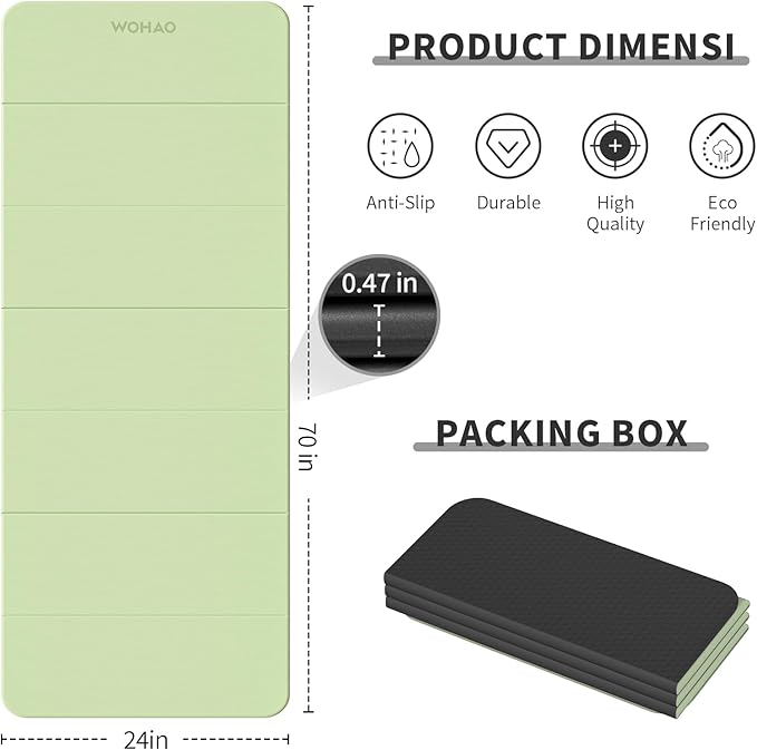WOHAO 7-Fold Yoga Mat 70"x24" - 1/2 Inch Thick Folding Exercise Mat, Compact Non-Slip TPE Mat for Travel, Storage, Yoga & Home Gym, Lightweight & Portable