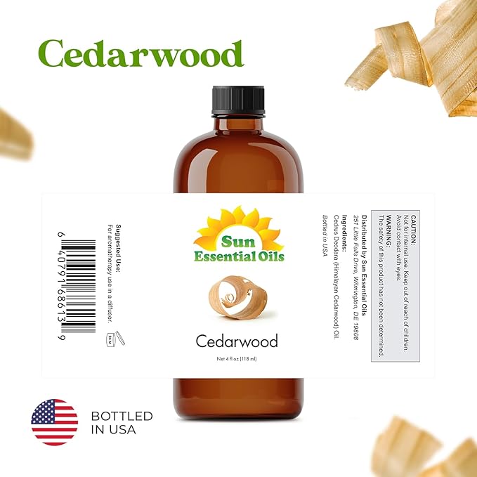 Sun Essential Oils - Cedarwood 4oz Bottle for Humidifier, Diffuser, Soaps, Candles, Hair and Skin Care