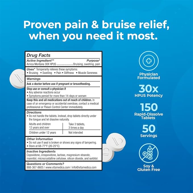 VitaMedica Arnica Montana 30X Homeopathic Tablets for Bruising Pain and Swelling | Plant Based Formula | Recommended by Plastic Surgeons | Natural Recovery Surgery Or Injury | 3 Pack | 150 Servings