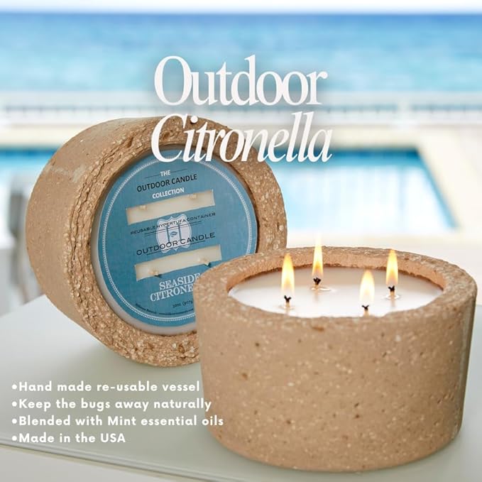 Hillhouse Naturals Outdoor Seaside Citronella Candle 32oz - Peppermint & Eucalyptus in Hypertufa Pot, 100+ Hours Burn Time. Made in The USA