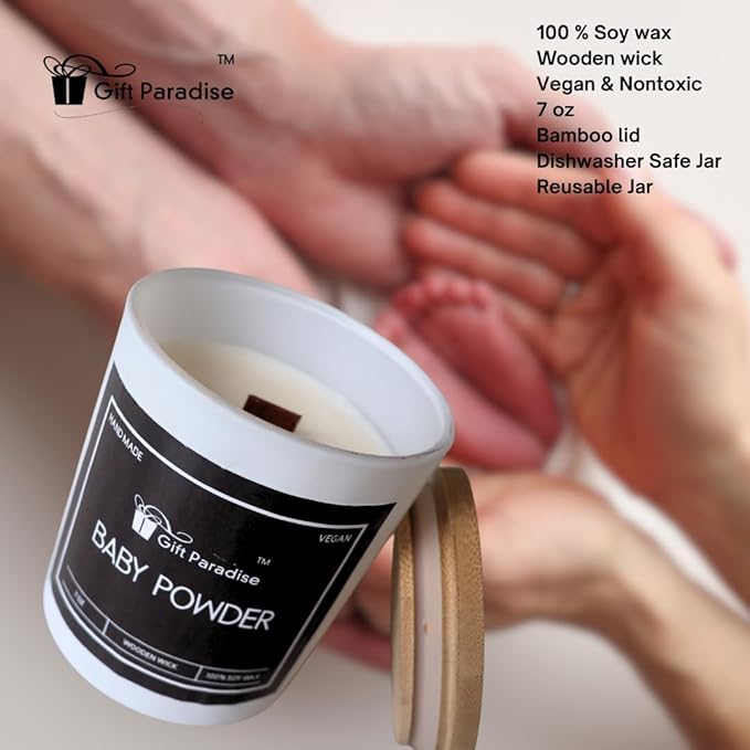 Baby Powder Soy Candle by Gift Paradise – 7 oz Wooden Wick, Nostalgic Fresh Scent, Non-Toxic Clean Burn, Amber Glass Jar, Handmade Gift for Home, Baby Shower, or Relaxation