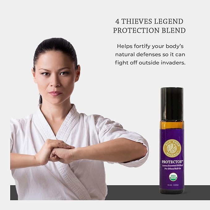 Silk Road Organic Protector Essential Oil Immunity Blend Roll On, Purifying Thieves Oil Formula, 100% Pure USDA Certified Clove Bud, Cinnamon Bark, Rosemary, Lemon, Eucalyptus - 10 ml Roller