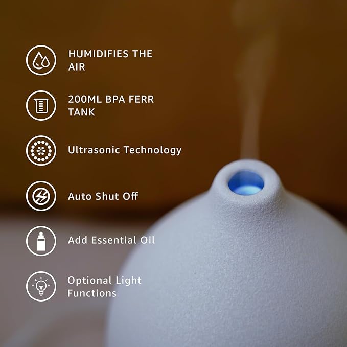 200ML Ceramic Essential Oil Diffuser - Ultrasonic Aromatherapy & Humidifier with 7-Color LED Lights, Auto Shut-Off, Wood Grain Base, 1H/3H/6H Timer | Scent for Home, Office, Yoga