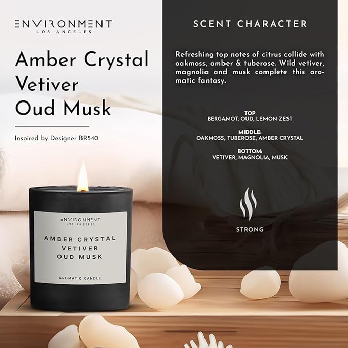 ENVIRONMENT Inspired by Designer Perfume BR540 Candle, 8oz Luxury Coconut Apricot Wax Candles for Home (Amber Crystal | Vetiver | Oud Musk) Home Fragrance Products, 1 Wick Candle, Vegan & Cruelty-Free