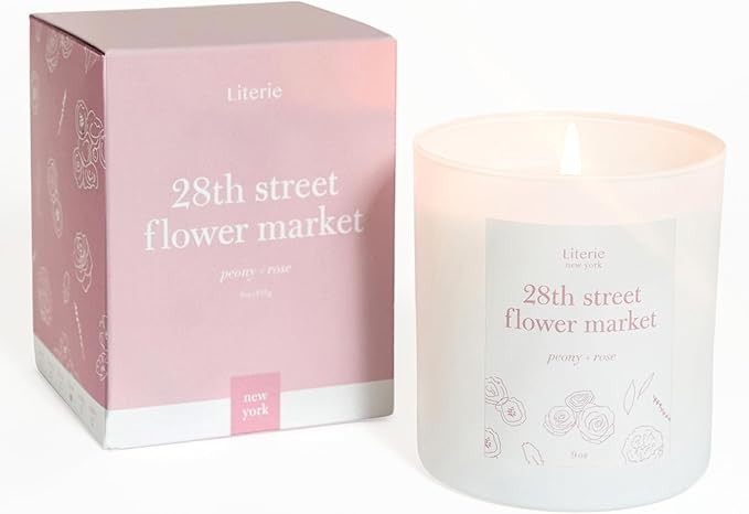 Literie NYC Inspired Scented Candle: 28th Street Flower Market - Peony & Rose Scent, 9oz, 50 Hour Burn, Vegan Soy & Coconut Blend Candle for Home Decor, Gift for Women & Men