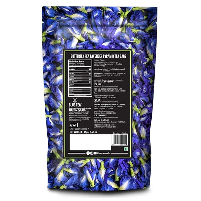 BLUE TEA - Butterfly Pea Flower Tea - Lavender - 10 Count - Pyramid Plant Based Tea Bag | CALMING AND RELAXING | Caffeine Free - Detox Tea - Flower Based - Non-Bitter | Zipper Pack