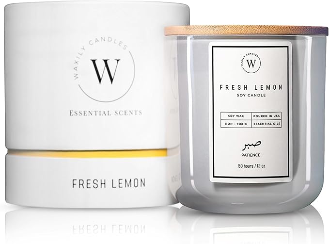 Waxily Lemon Scented Soy Candle | Non Toxic, Phthalate-Free Essential Oil Candle | Odor Eliminating Citrus for Kitchen, Aromatherapy, Luxury Gift, Clean Burning, Fresh Home Decor | 12oz
