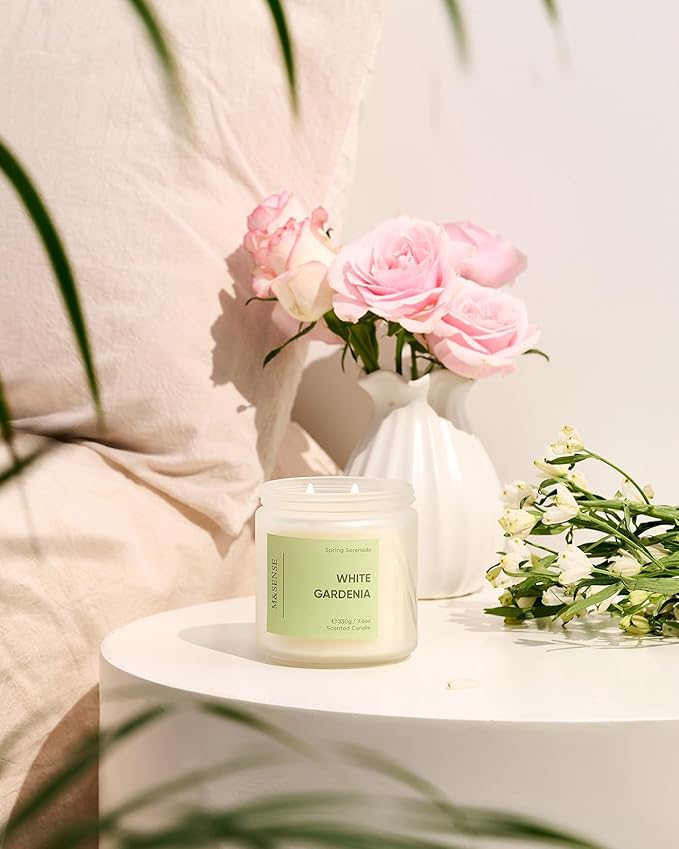 M&SENSE White Gardenia Scented Candle - 11.6oz Natural Soy Wax 70-Hour Long Lasting Burn Time Non Toxic, 2-Wick Spring Flower Candle for Home Decor Slow-Burning Aromatherapy Gifts