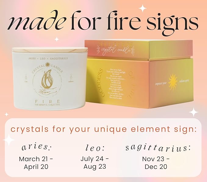Aries, Leo, Sagittarius Gifts for Women - 12oz Wood Wick Candles That Crackle with Crystals and Healing Stones. Healing Crystal Candles for Women Home Scented. Soy Wax, for Zodiac Birthdate