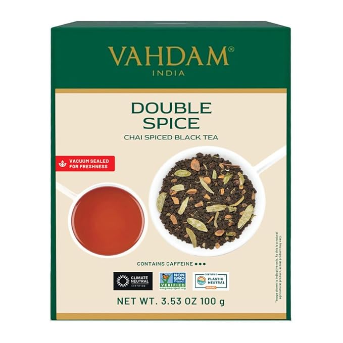 VAHDAM, Double Spice Masala Chai Tea (50+ Cups, 3.53oz) Strong, Robust & Spicy Blend - Black Tea CTC, Cardamom, Cinnamon, Cloves & Black Pepper | Pure Unblended Loose Leaf Tea | Vacuum Sealed