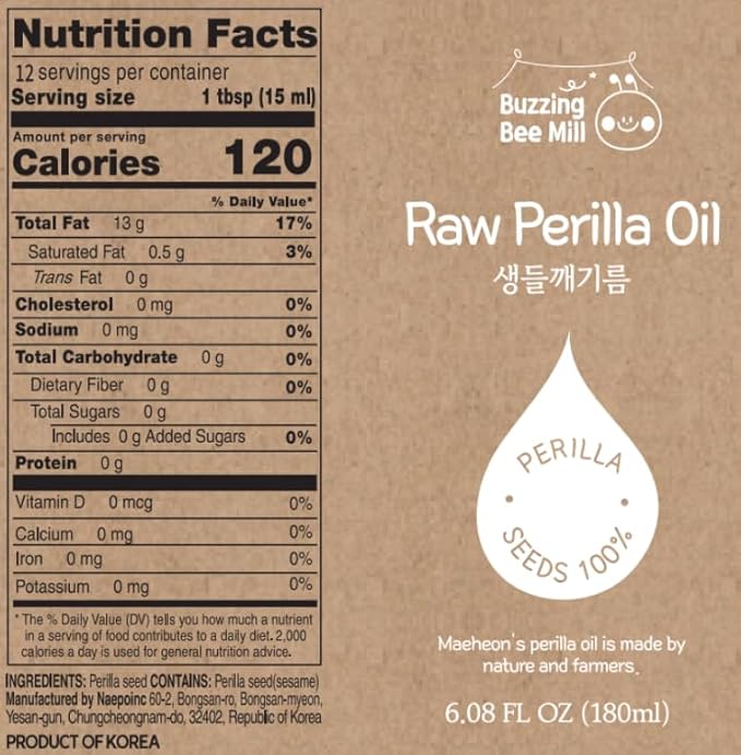 Korean Food Cold-Pressed Raw Perilla Oil 180 ml (6.1 fl oz), 100% Perilla Seeds, Nutty Flavor for Cooking & Salad Dressing, 저온압착 생들기름