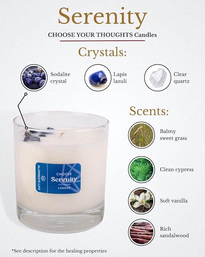 Luxury Glass Jar Candle, 8 OZ, Choose Serenity - Sodalite Crystal Infused - Scents of Grass, Cypress, Vanilla & Sandalwood - Calm, Peace, & Untroubled - Coconut Wax, Essential Oils