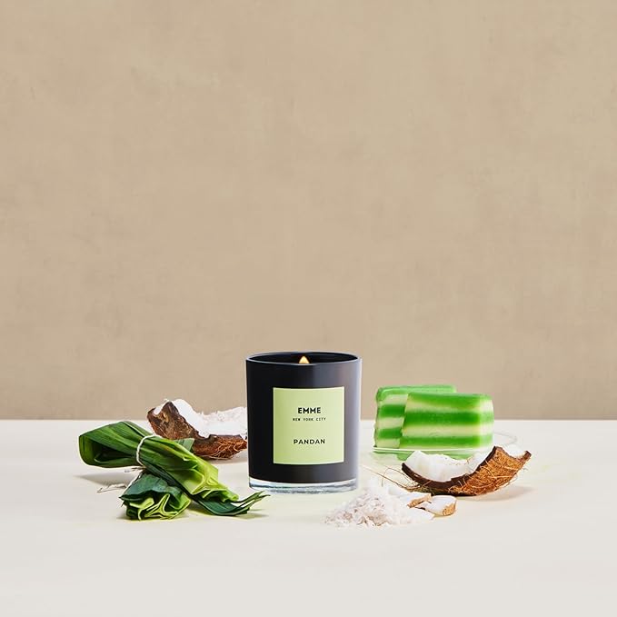 EMME NYC Scented Candle Jar - Black Glass, Soy, Natural, Non-Toxic, Pet-Safe, Up to 60 Hours Burn Time, Wood Wick, Strong Scent, Cruelty-Free, 10 oz - Best Smelling Scented Candles (Pandan)