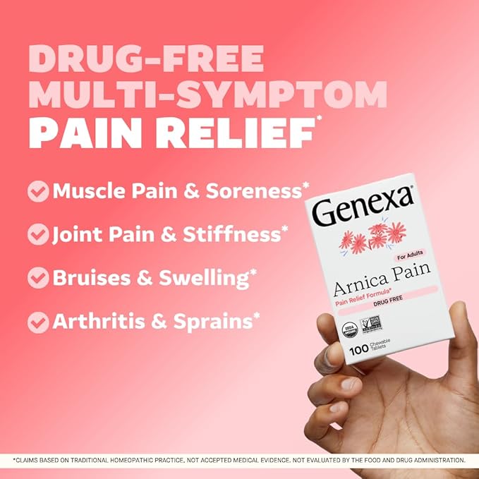 Genexa Arnica for Pain Relief | Alleviate Muscle & Joint Pain, Soreness & Stiffness | Reduces Bruises & Swelling | Organic Grape Flavor | Homeopathic Remedy Made Clean | 100 Chewable Tablets