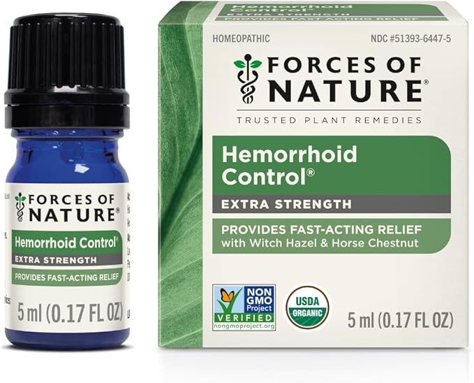 Forces of Nature Hemorrhoid Control Extra Strength, Organic Homeopathic Medicine with Witch Hazel, Horse Chestnut, and Soothing Essential Oils for Itching, Swelling & Discomfort, 5ml (0.17 fl oz)