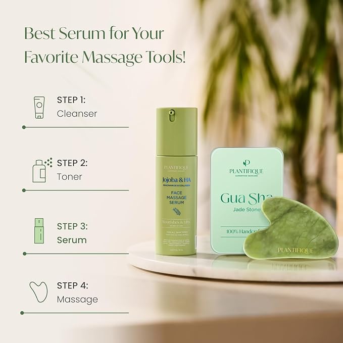 PLANTIFIQUE Korean Jojoba Oil & Hyaluronic Acid Face Massage Serum – Hydrating Anti-Aging Collagen & Niacinamide Formula – Perfect for Gua Sha Facial Massage – Gift for Men & Women