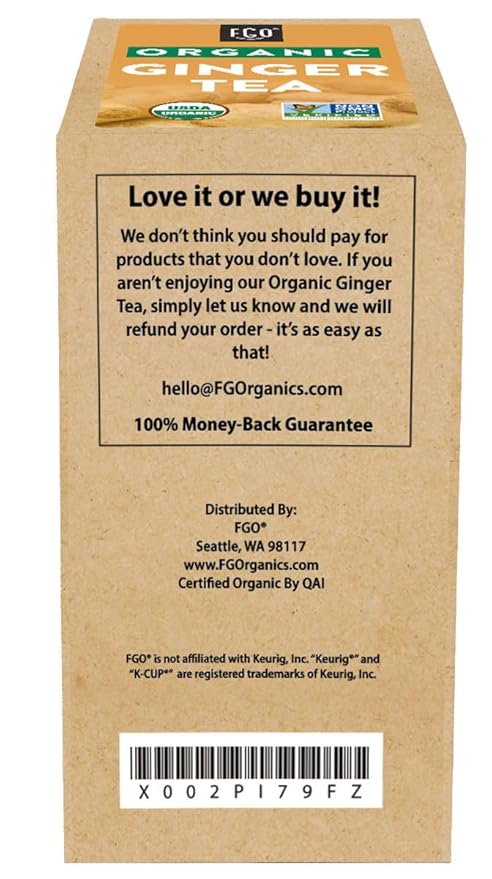 Organic Ginger Tea K-Cup Pods, 24 Pods by FGO - Compatible with Keurig - Naturally Caffeine-Free Herbal Tea, USDA Organic, Non-GMO, & Recyclable
