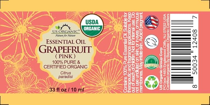 US Organic Grapefruit Pink Essential Oil, USDA Certified Organic, Cold Pressed, 100% Pure, for Face, Hair, Skin, Aromatherapy, and More (10 ml)