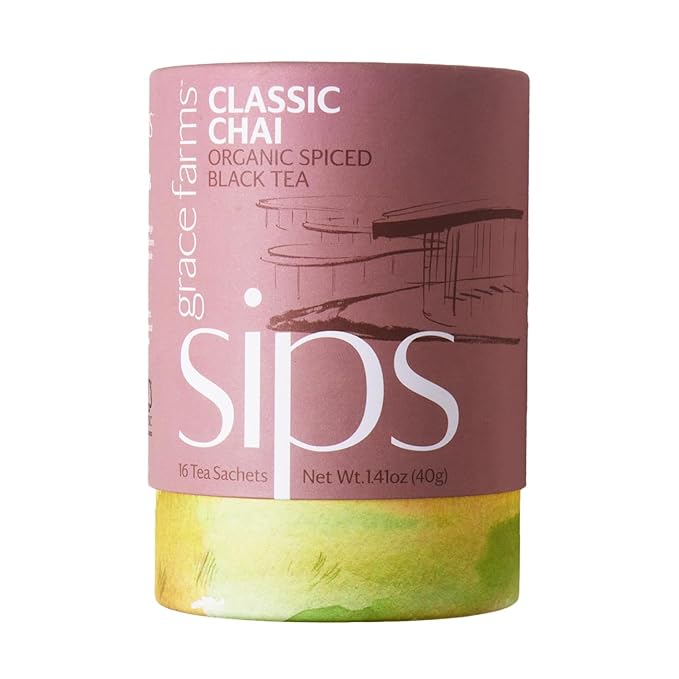 Grace Farms Organic Classic Chai Black Tea, 16 Pyramid Sachets | Ginger & Spices | Fairtrade & Kosher |Gives Back 100% of Profits