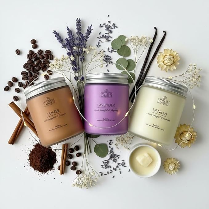 Aromatic Candles Three Pack - 3 x 8 oz Cotton Wick Candles Coloured Fosted Jars - Vanilla, Lavender and Coffee
