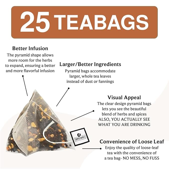 BREWIX, Masala Chai Tea Bags (25 Pyramid Tea Bags) Strong, Robust & Spicy - Pure Ingredients | Black Tea, Cinnamon, Ginger, Black Pepper, Cardamom & Cloves, Packed in Resealable Ziplock Pouch