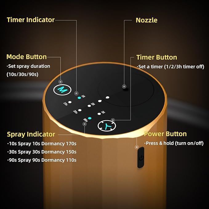 Waterless Essential Oil Diffuser Aromatherapy Scent Diffusers for Home Large Room, Bedroom, Car, Office, Desk, Battery Operated Mini Portable Air Freshener (Golden)