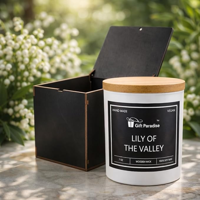 Lily of The Valley Soy Candle with Wooden Gift Box — 7 oz Wood Wick | 100% Soy, Clean Burn, Non-Toxic, Vegan Floral Scent