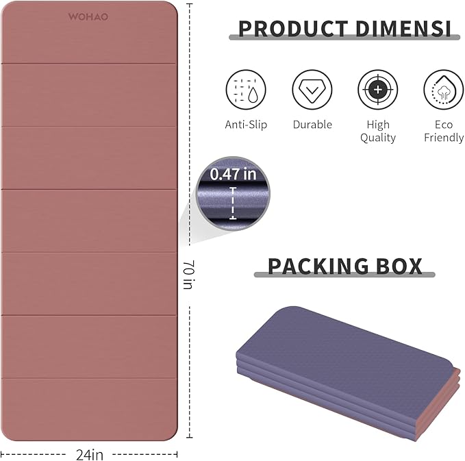WOHAO 7-Fold Yoga Mat 70"x24" - 1/2 Inch Thick Folding Exercise Mat, Compact Non-Slip TPE Mat for Travel, Storage, Yoga & Home Gym, Lightweight & Portable