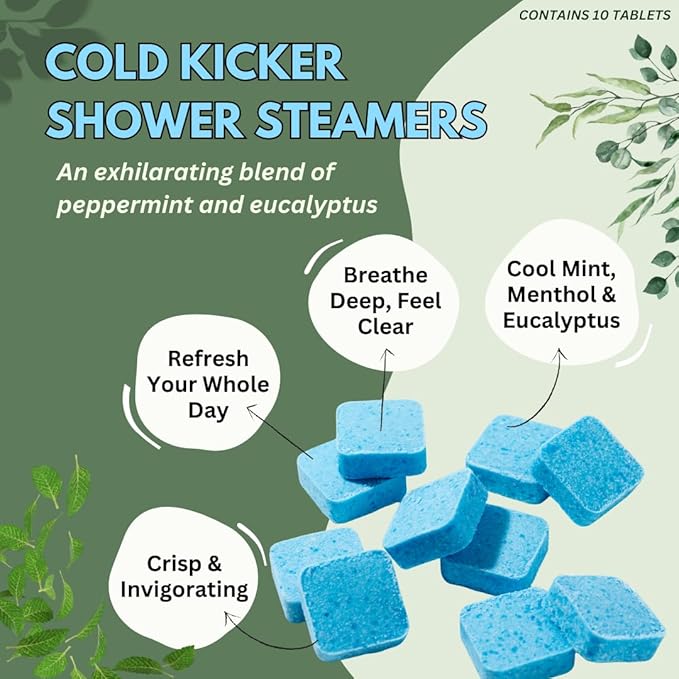 Cold Kicker Shower Steamers Aromatherapy - Adult Stocking Stuffer Christmas Gift - USA Made - Peppermint & Eucalyptus Shower Bomb Tablets - Soothing Natural Essential Oils (10 Pack)