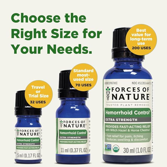 Forces of Nature Hemorrhoid Control Extra Strength, Organic Homeopathic Medicine with Witch Hazel, Horse Chestnut, and Soothing Essential Oils for Itching, Swelling & Discomfort, 5ml (0.17 fl oz)