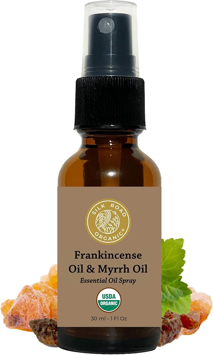 Silk Road Organic Frankincense Oil & Myrrh Essential Oil Spray, 100% Pure USDA Certified Aromatherapy for Body Aches, Stiffness & Tingling, Stress Relief, & Skin - 1 Oz Spray