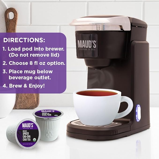 Maud's Organic Chai Tea Pods, 24 ct, Recyclable Single Serve Tea Pods – 100% Gourmet Blended Tea Leaves, Compatible with Keurig K Cups Maker