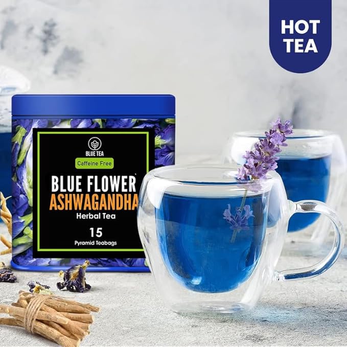 BLUE TEA - Butterfly Pea Flower Tea - Ashwagandha - 15 Count - Pyramid Plant Based Tea Bag | ANTIOXIDANT RICH | Caffeine Free - Flower Based - Detox Tea - Non-GMO | Reusable Tin Pack