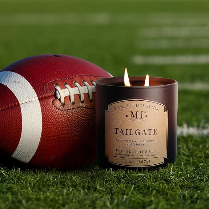 Manly Indulgence Tailgate Scented Candles for Men, 2 Wick, 16.5 oz Premium Soy Blend Wax, 60H Burn, Candles for Home Scented - Made in The USA