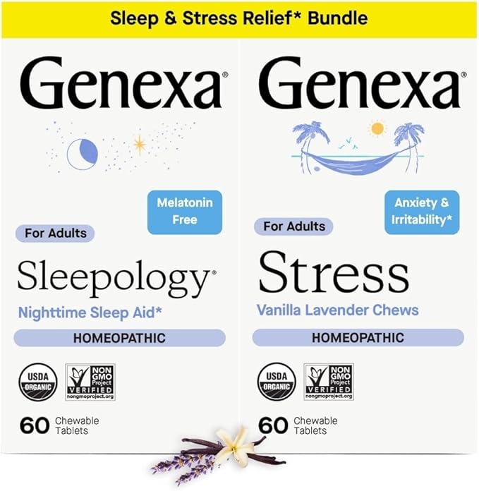 Genexa Sleep & Stress Bundle for Adults | Fatigue, Anxiety, & Irritability Relief | Melatonin-Free | Natural Vanilla & Lavender | Organic, Non-GMO, Homeopathic | 2 x 60 Tablets