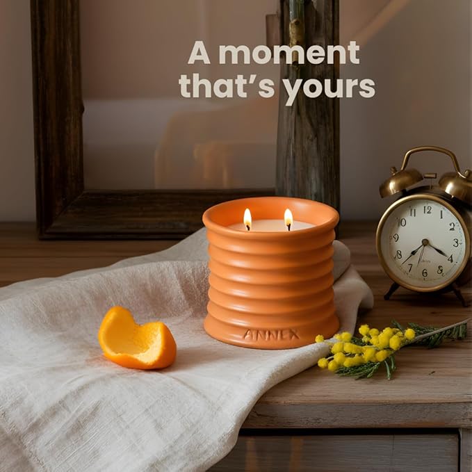 Annex Orange & Mimosa Luxury Scented Candle - Handmade Ceramic Jar - 50hr Clean Burn, Non-Toxic Soy Wax - Aesthetic Home Decor Winter Gift for Women & Men - Energizing Citrus